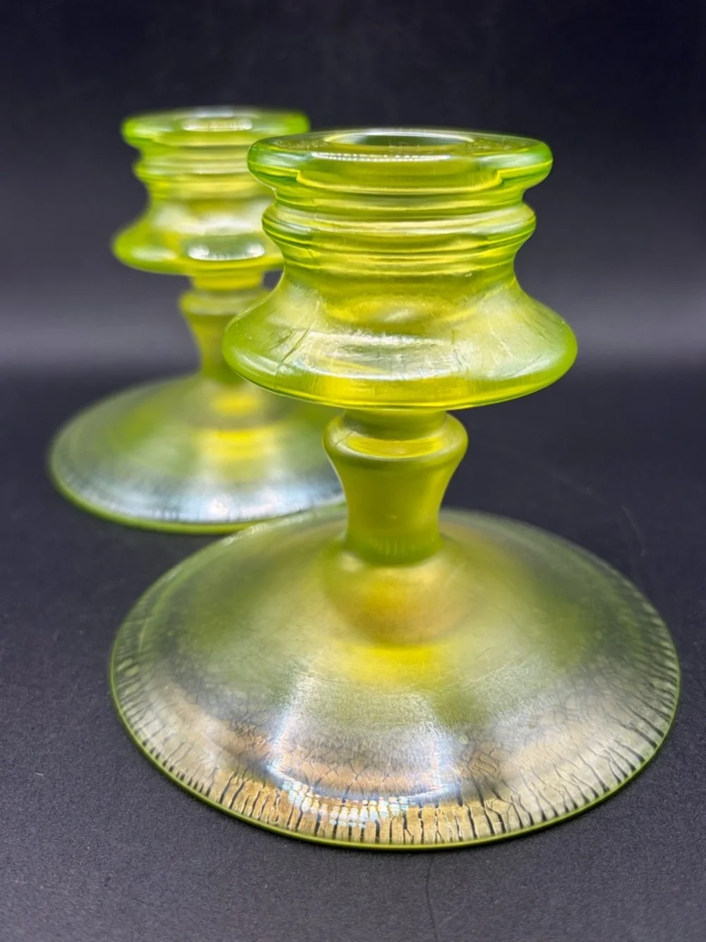 Vintage Vaseline Onion Skin Stretch Glass Uranium Candlesticks Candle Holders